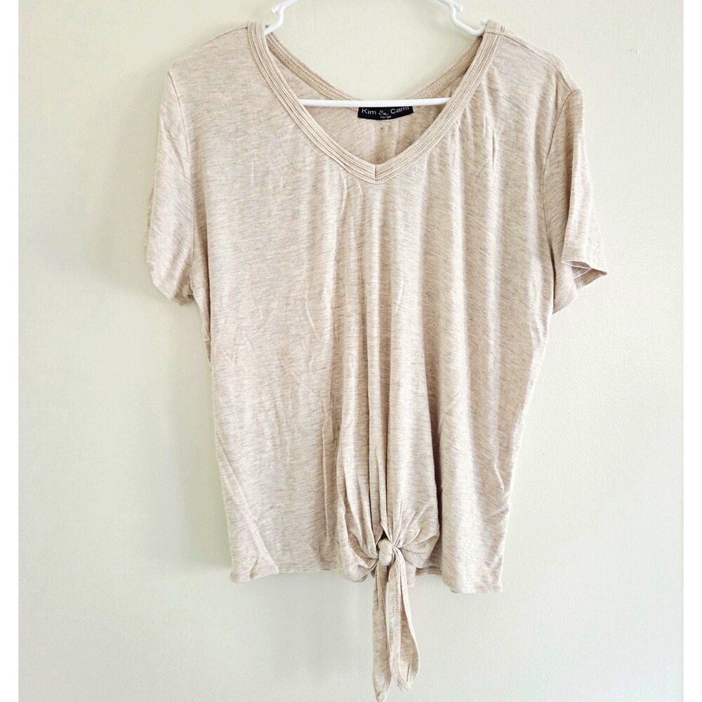 Kim & Cami Beige Solid V-Neck Short Sleeve Tie Front Pullover T-Shirt Women's L